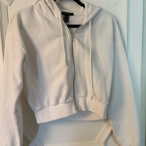 Forever 21 Cropped White Zip-Up Hoodie with Drawstring Hood